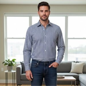 MICHAEL KORS Men's Large Slim Fit Blue Gingham 100% Cotton Dress Shirt -Like New